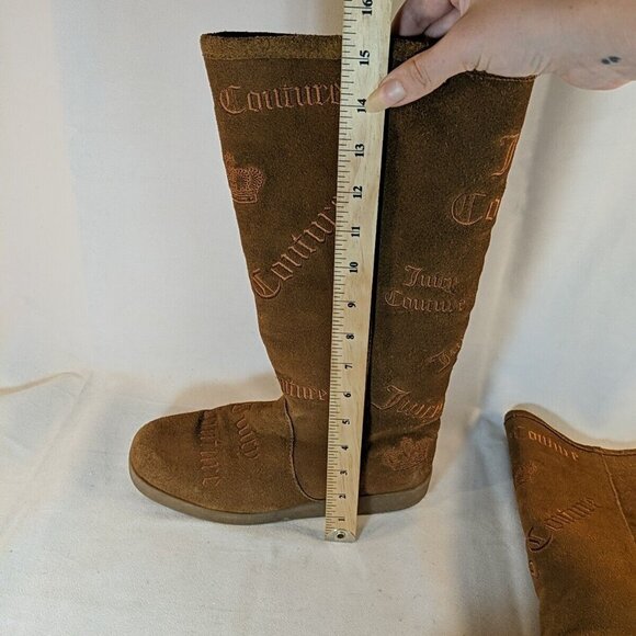 Juicy Couture Brown Faux Suede Moccasin Boots Knee High Tan Embroidered Y2K 8.5 - Picture 16 of 16